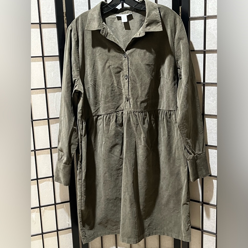 NINE WEST Olive Green Button-Up BODICE BABYDOLL Shirt WAIST Dress WOMEN SIZE XL - Picture 4 of 10